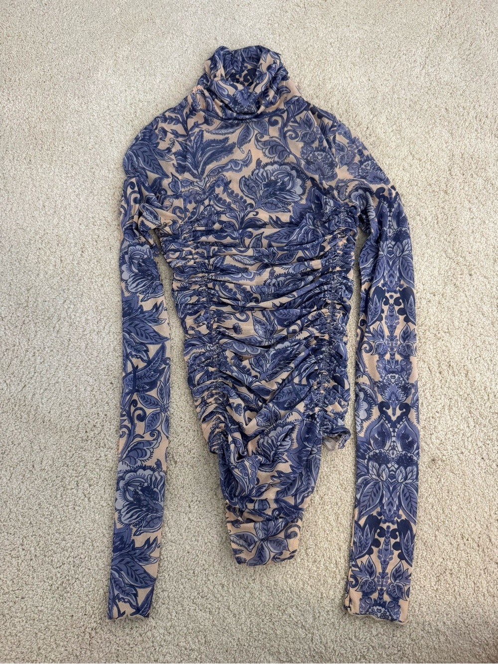 Free People Blue Floral Mesh Ruched Turtleneck Bodysuit